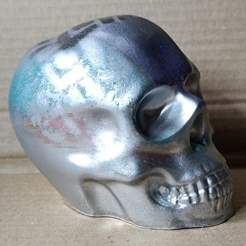 Geometric Green Purple Black Silver Large Handcrafted Jesmonite Skull Paperweight | Decorative & Functional Art
