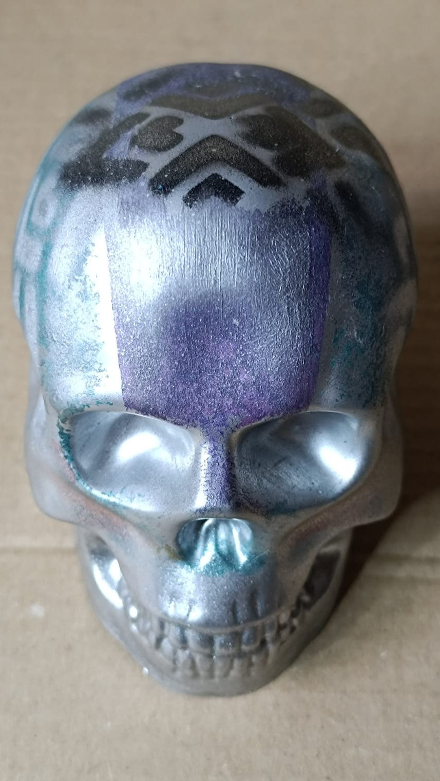 Geometric Green Purple Black Silver Large Handcrafted Jesmonite Skull Paperweight | Decorative & Functional Art