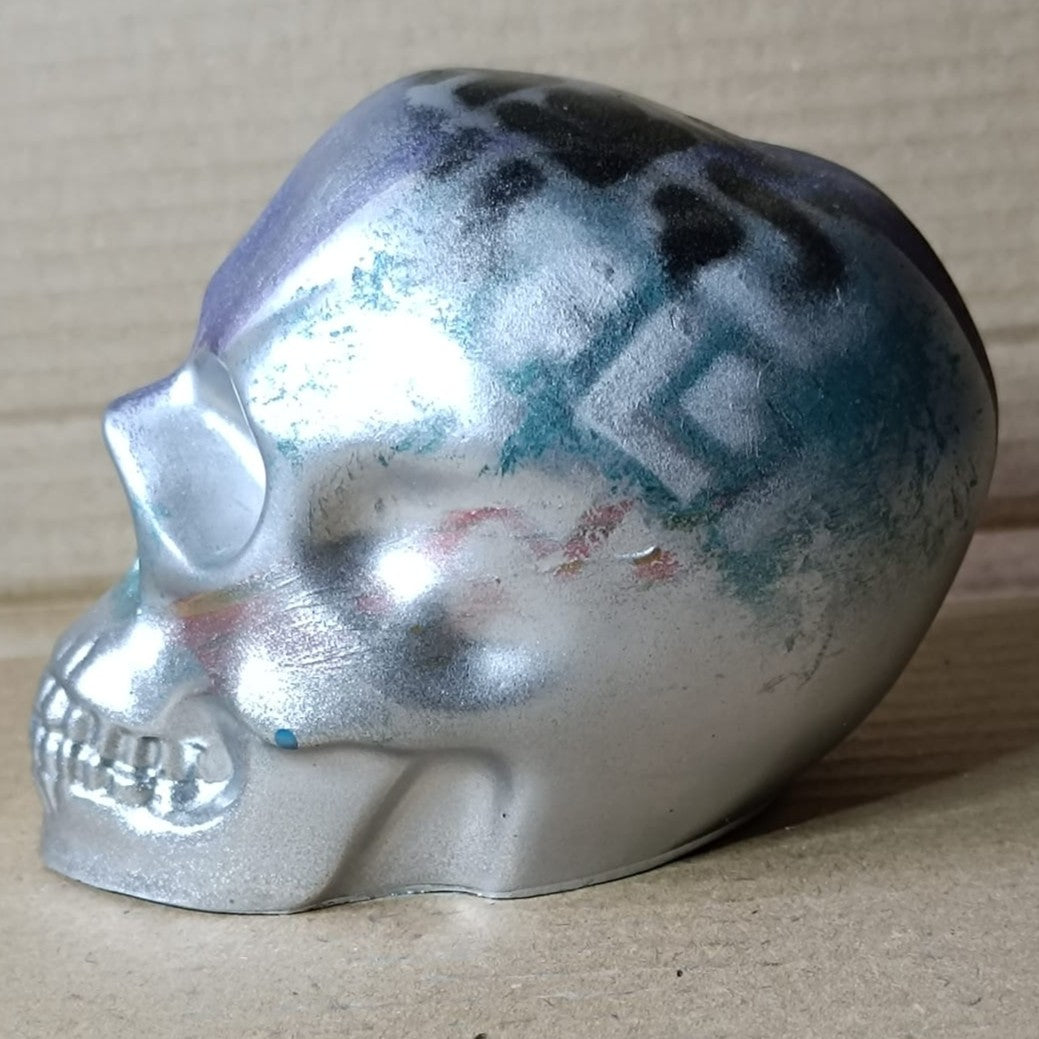 Geometric Green Purple Black Silver Large Handcrafted Jesmonite Skull Paperweight | Decorative & Functional Art