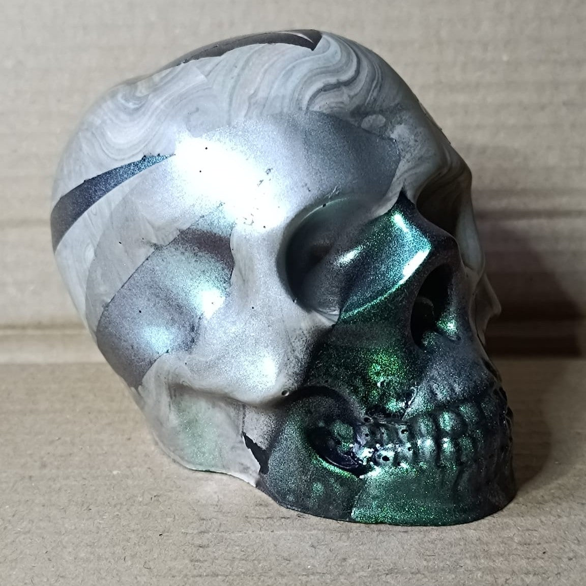 Grey/Green/Purple Large Handcrafted Jesmonite Skull Paperweight | Decorative & Functional Art