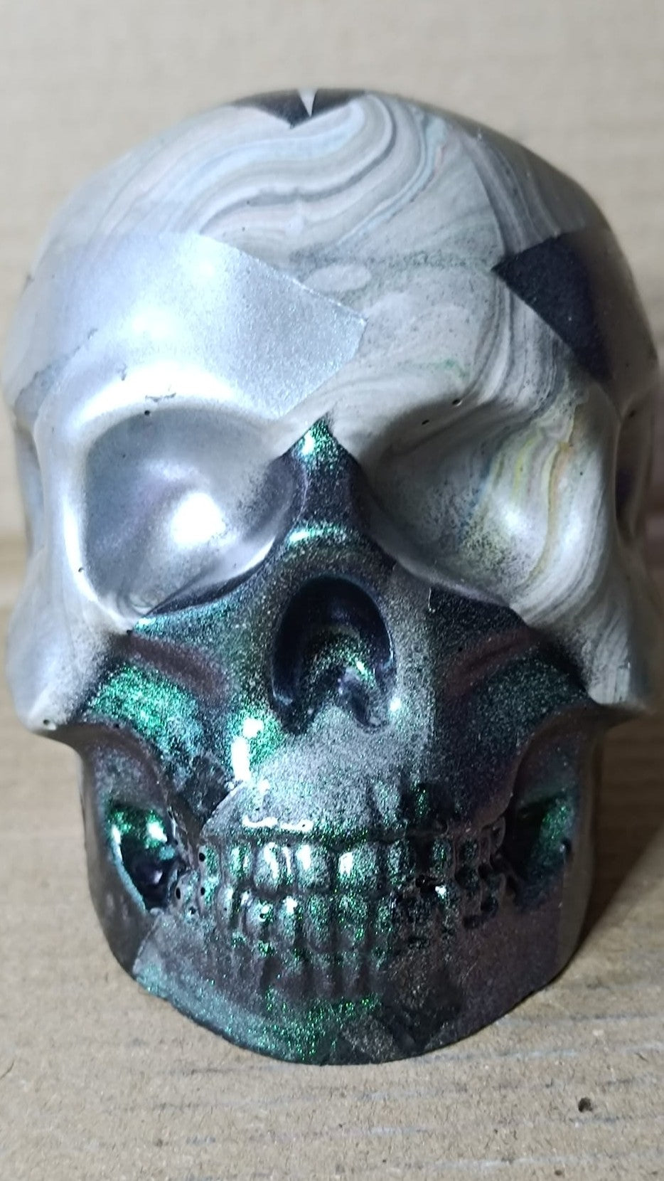 Grey/Green/Purple Large Handcrafted Jesmonite Skull Paperweight | Decorative & Functional Art