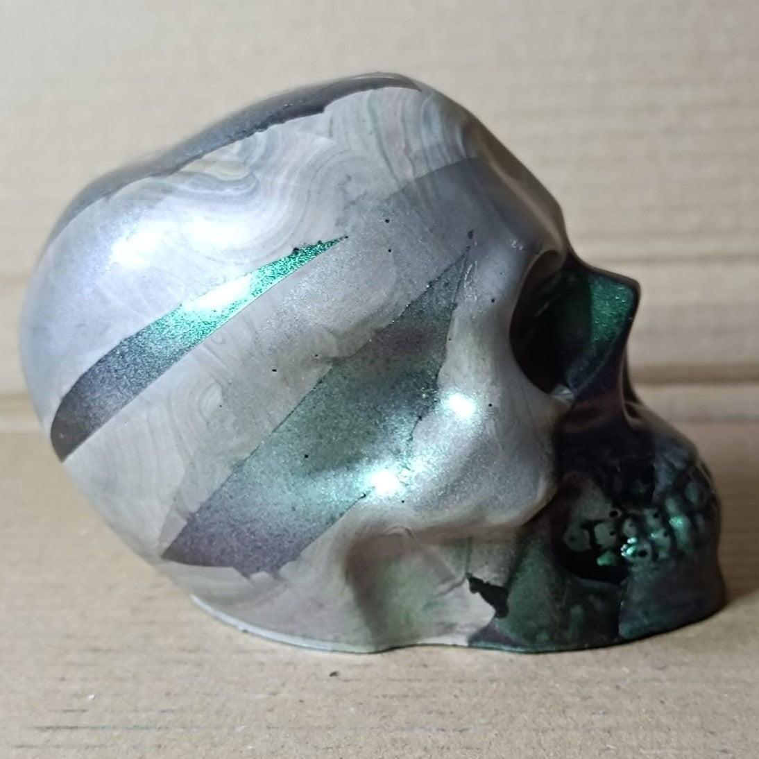 Grey/Green/Purple Large Handcrafted Jesmonite Skull Paperweight | Decorative & Functional Art