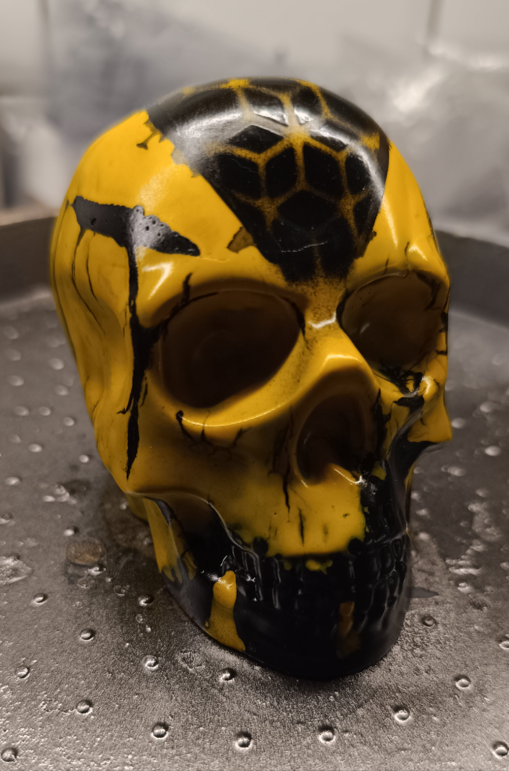 Large Handcrafted Skull Ornament – Jesmonite & Epoxy Resin | Decorative & Functional Art - Black & Yellow