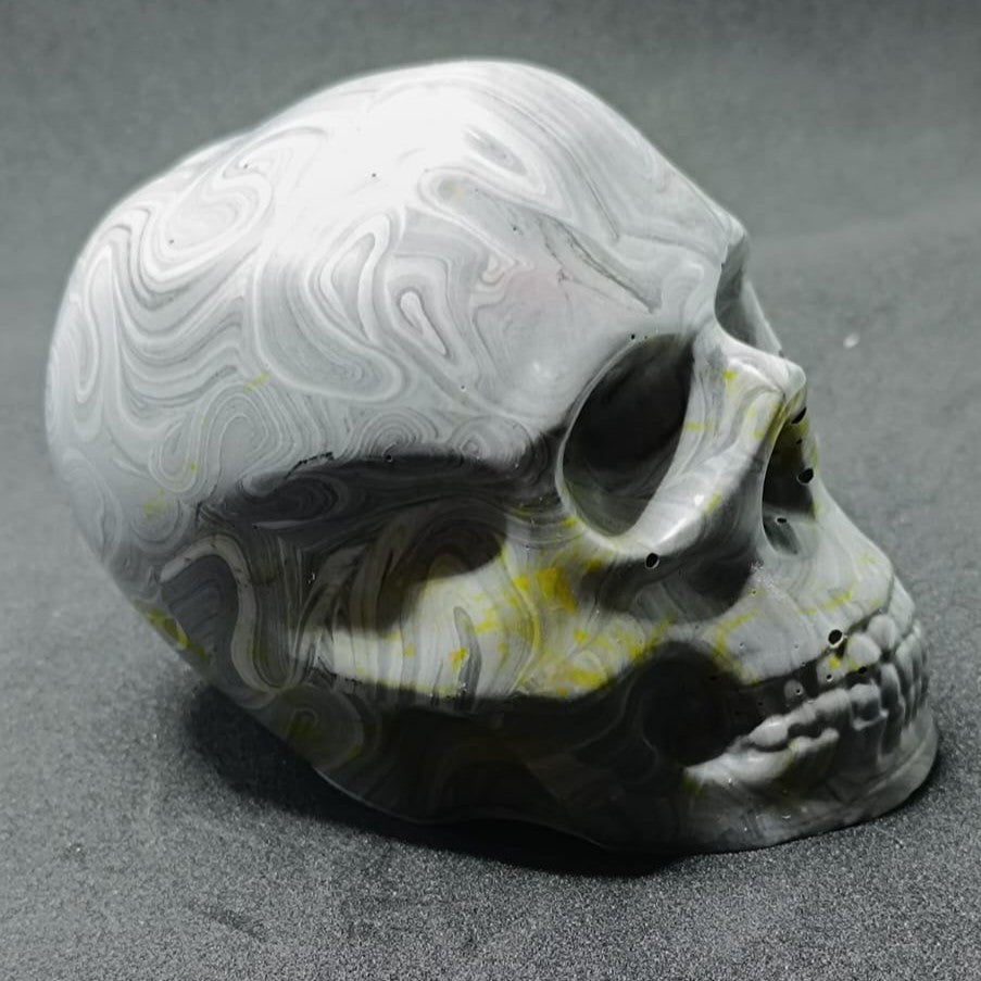 Large Handcrafted Skull Ornament – Marbled Grey with Subtle Yellow Accents
