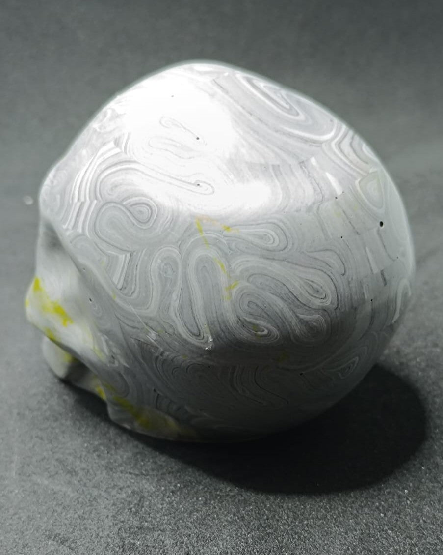 Large Handcrafted Skull Ornament – Marbled Grey with Subtle Yellow Accents