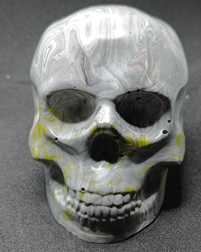 Large Handcrafted Skull Ornament – Marbled Grey with Subtle Yellow Accents