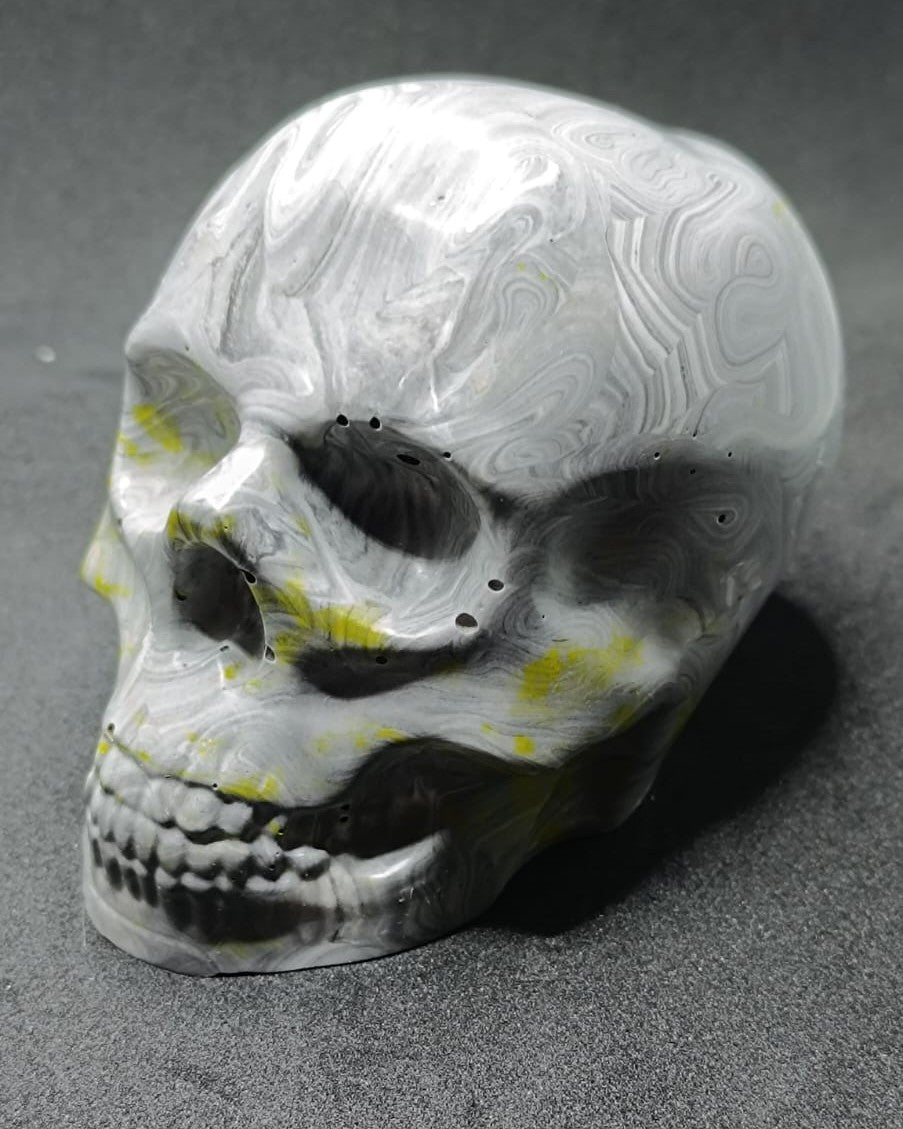 Large Handcrafted Skull Ornament – Marbled Grey with Subtle Yellow Accents