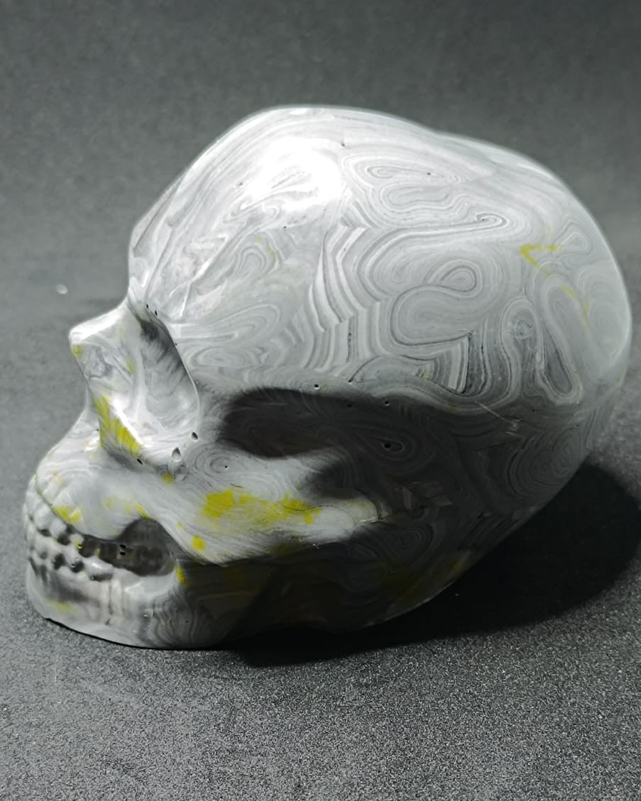 Large Handcrafted Skull Ornament – Marbled Grey with Subtle Yellow Accents