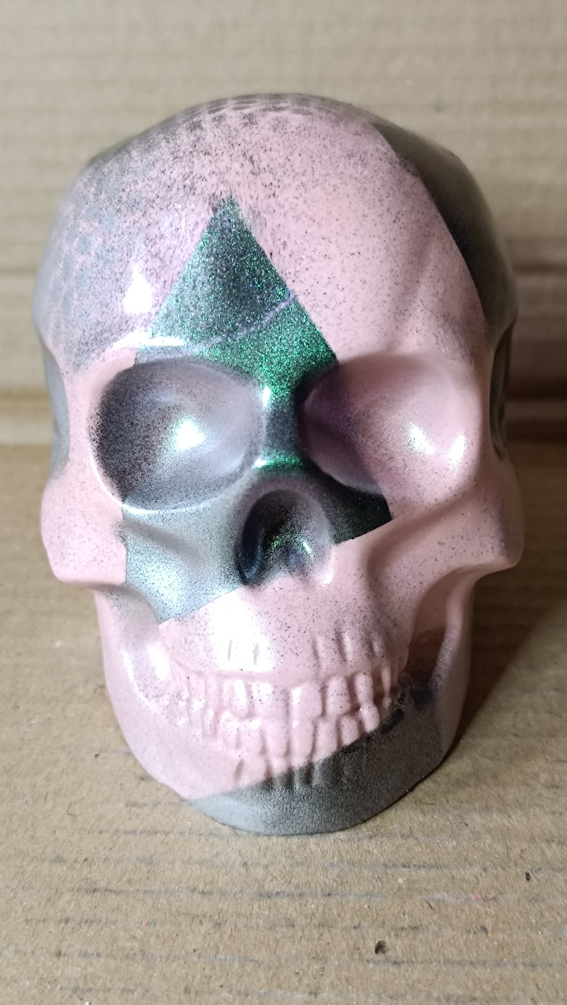 Pink/Green/Black/Silver Pearlescent Abstract Large Handcrafted Jesmonite Skull Paperweight | Decorative & Functional Art
