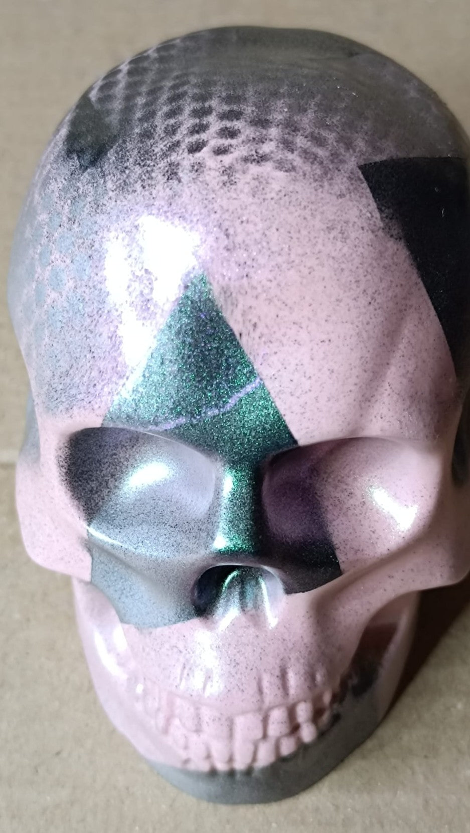 Pink/Green/Black/Silver Pearlescent Abstract Large Handcrafted Jesmonite Skull Paperweight | Decorative & Functional Art