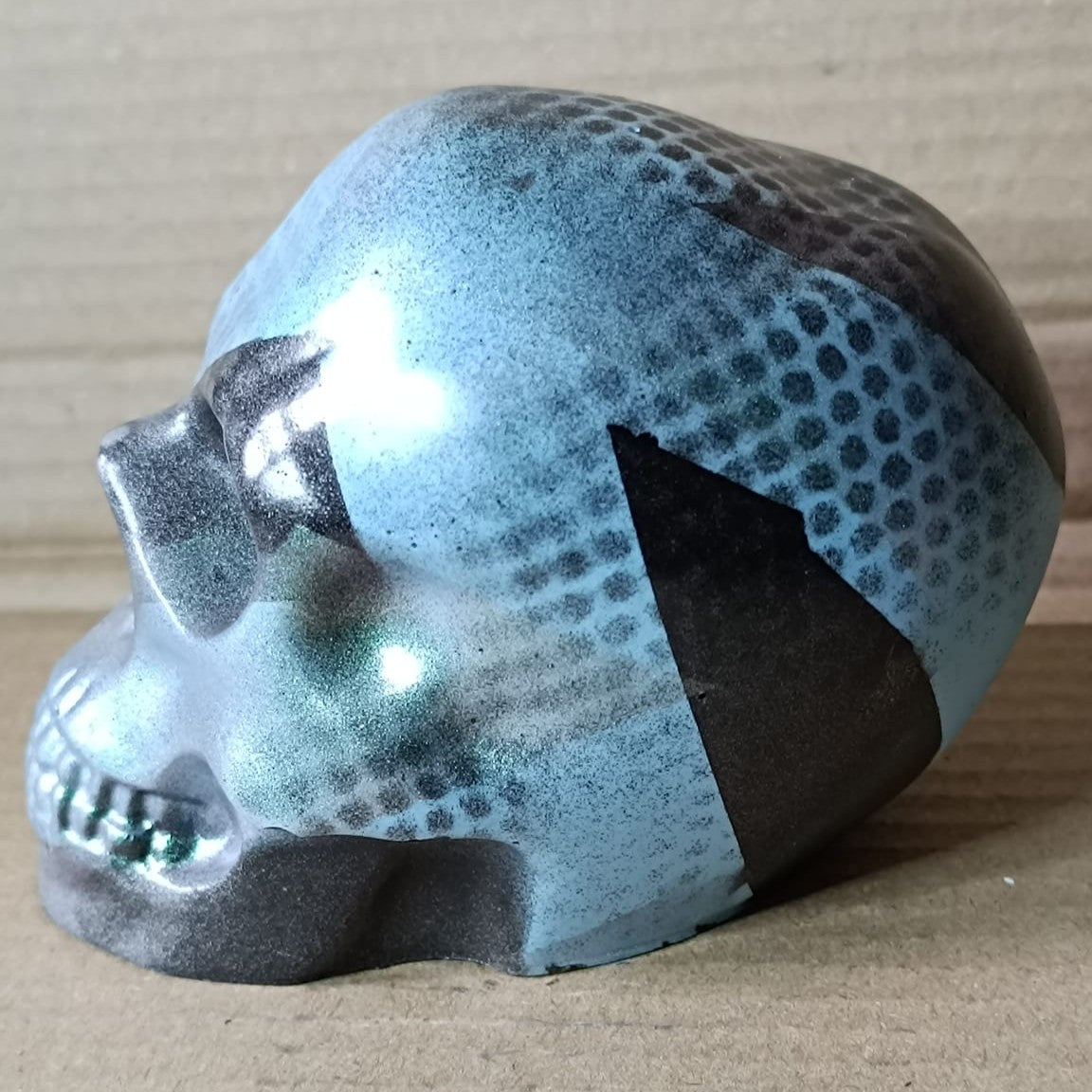 Blue/Green/Black Abstract Large Handcrafted Jesmonite Skull Paperweight | Decorative & Functional Art