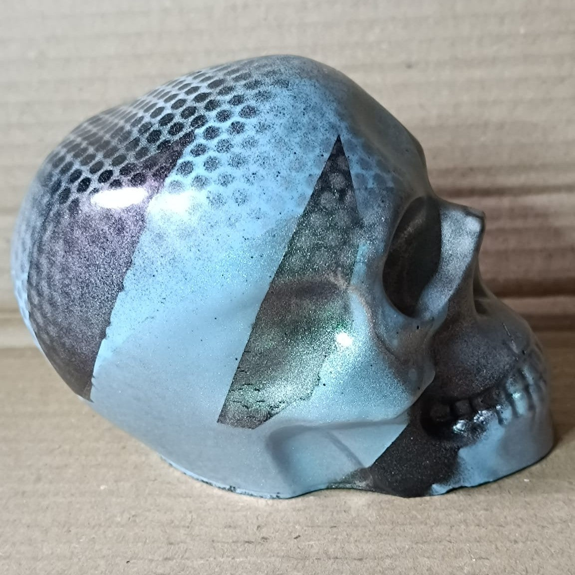 Blue/Green/Black Abstract Large Handcrafted Jesmonite Skull Paperweight | Decorative & Functional Art