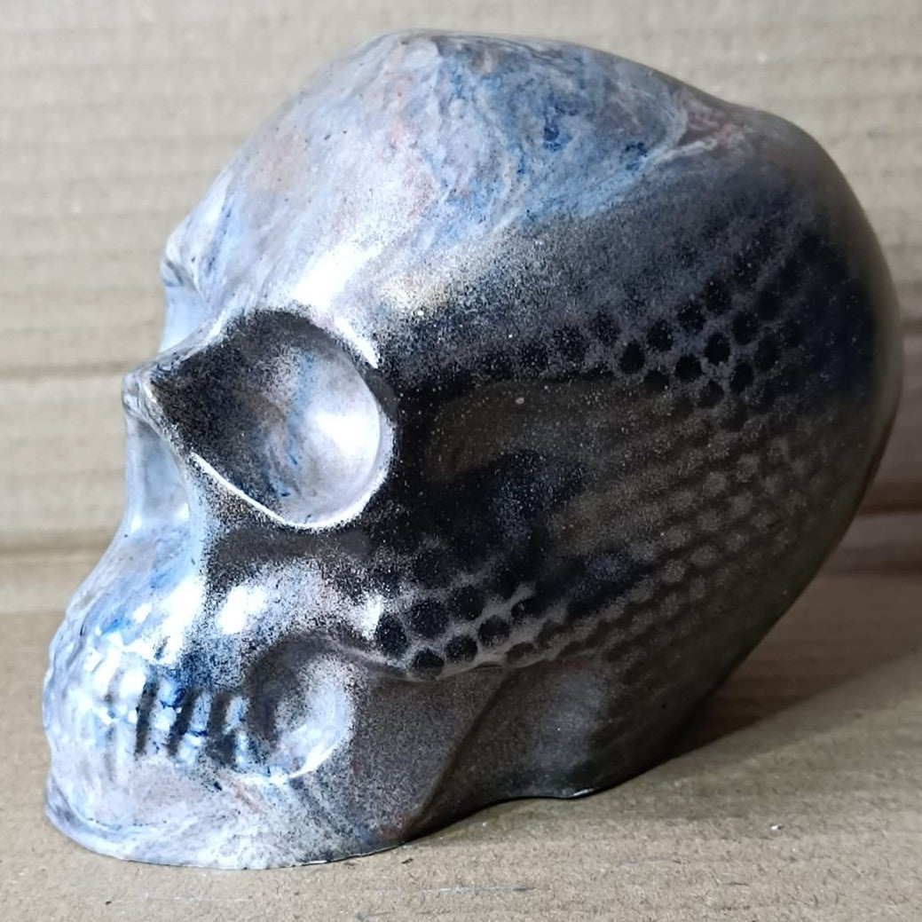 Blue Marble Black Silver Large Handcrafted Jesmonite Skull Paperweight | Decorative & Functional Art