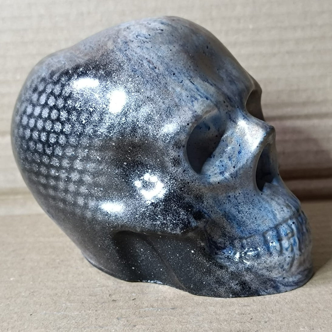 Blue Marble Black Silver Large Handcrafted Jesmonite Skull Paperweight | Decorative & Functional Art