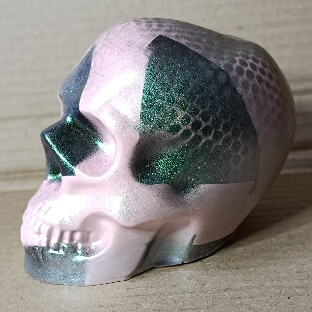 Pink/Green/Black/Silver Pearlescent Abstract Large Handcrafted Jesmonite Skull Paperweight | Decorative & Functional Art
