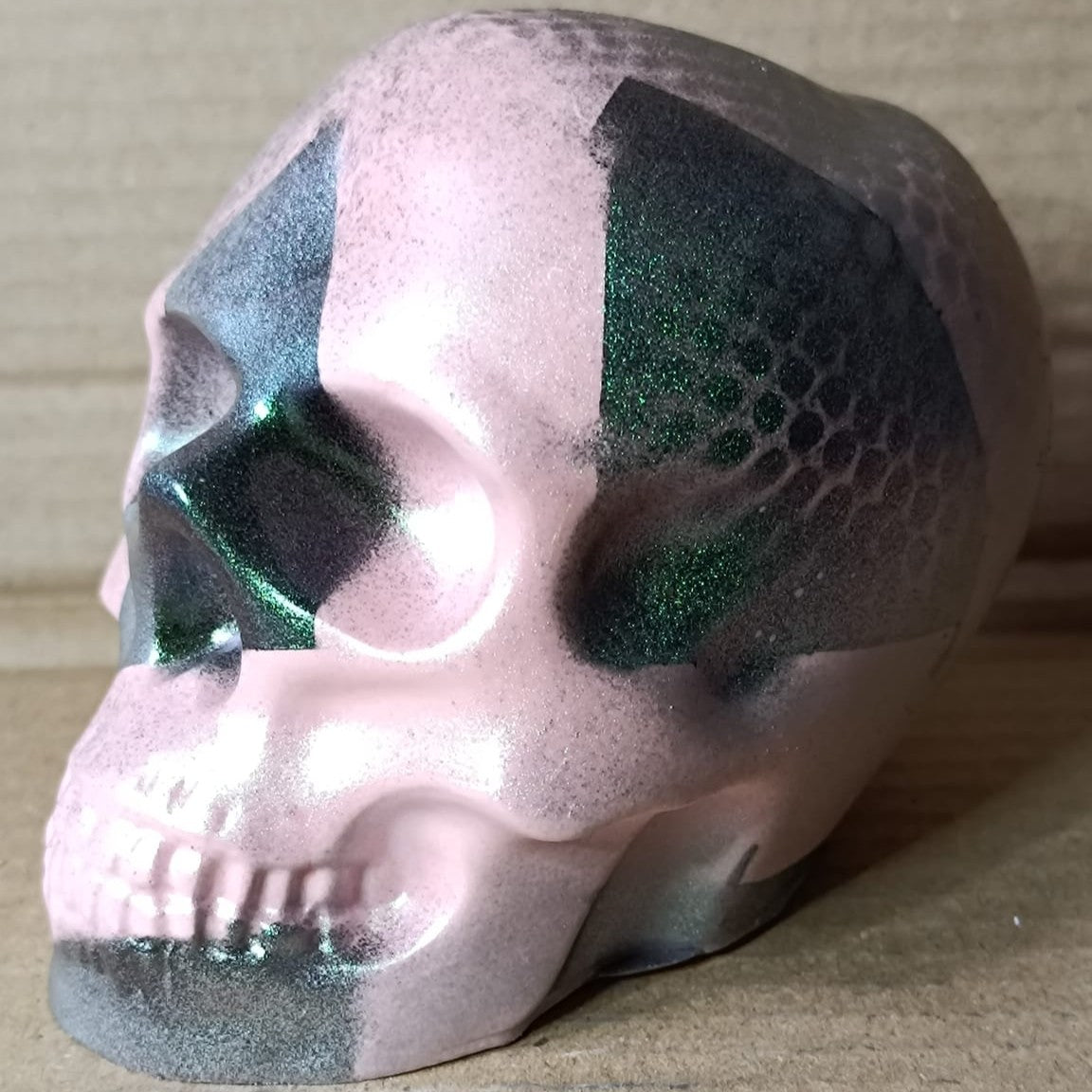 Pink/Green/Black/Silver Pearlescent Abstract Large Handcrafted Jesmonite Skull Paperweight | Decorative & Functional Art