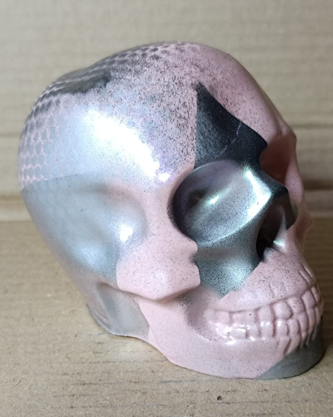 Pink/Green/Black/Silver Pearlescent Abstract Large Handcrafted Jesmonite Skull Paperweight | Decorative & Functional Art