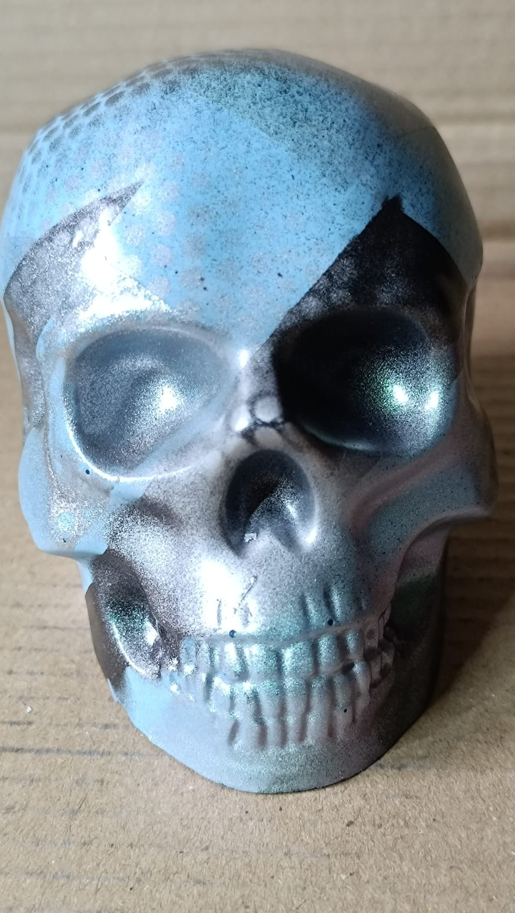 Blue/Green/Black Abstract Large Handcrafted Jesmonite Skull Paperweight | Decorative & Functional Art
