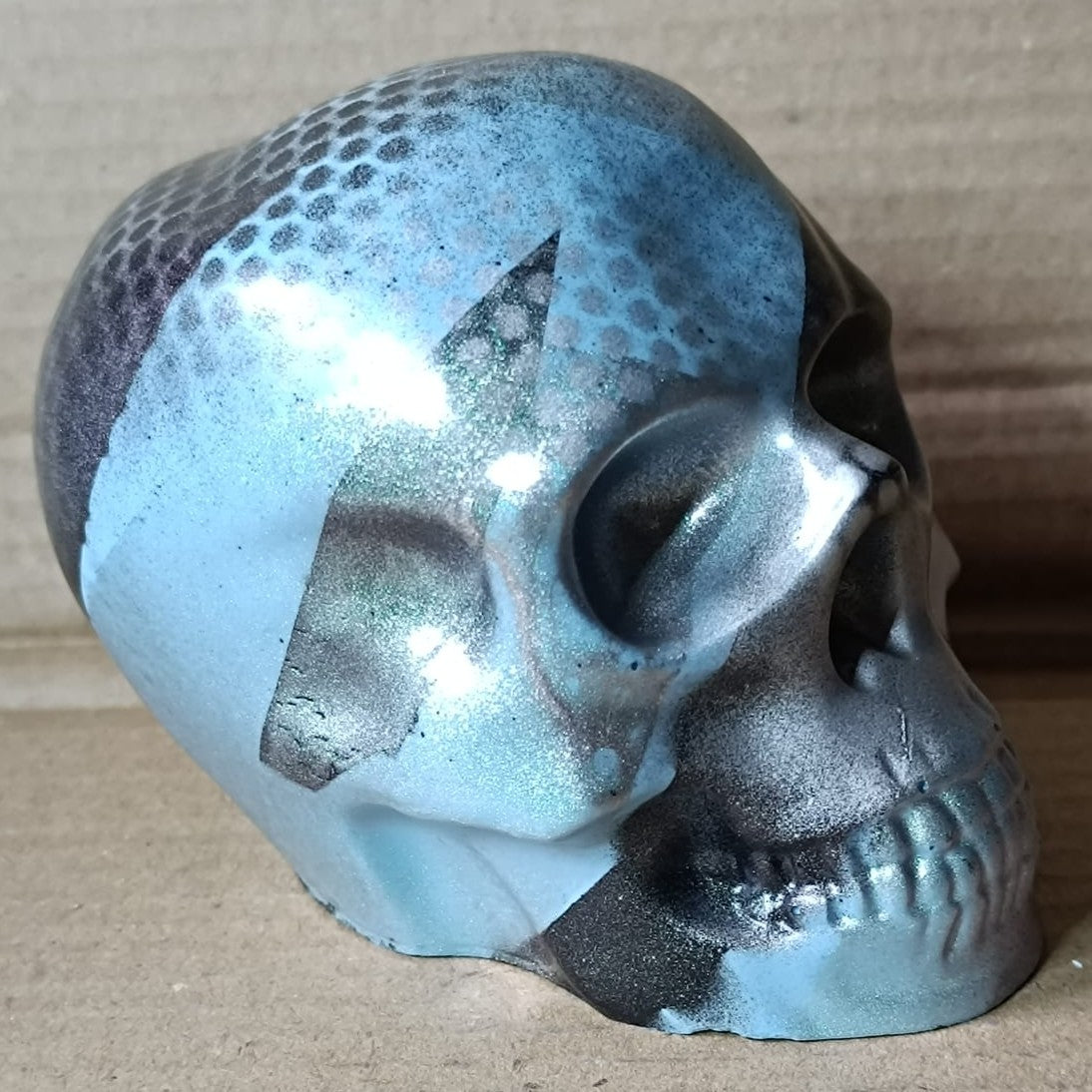 Blue/Green/Black Abstract Large Handcrafted Jesmonite Skull Paperweight | Decorative & Functional Art
