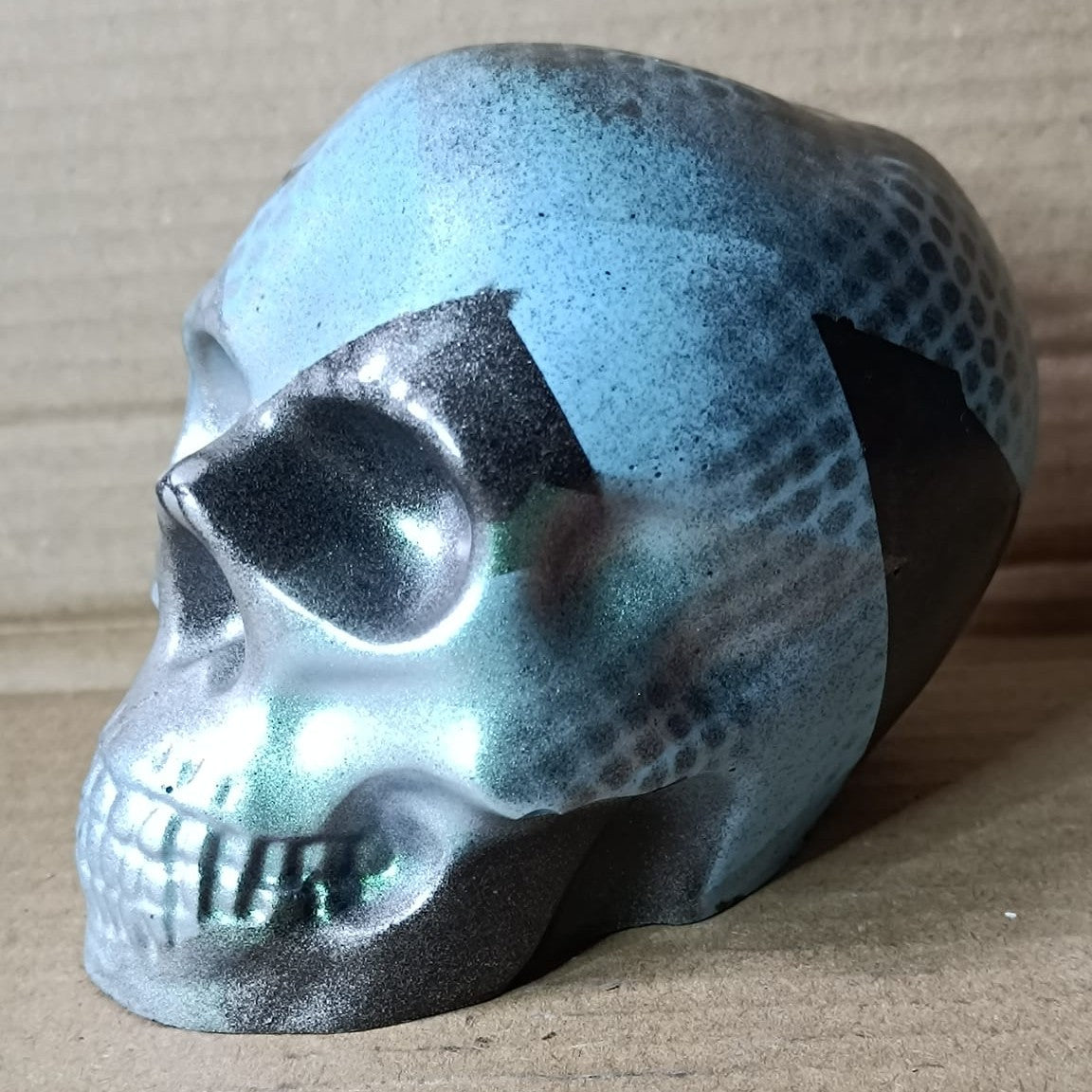 Blue/Green/Black Abstract Large Handcrafted Jesmonite Skull Paperweight | Decorative & Functional Art