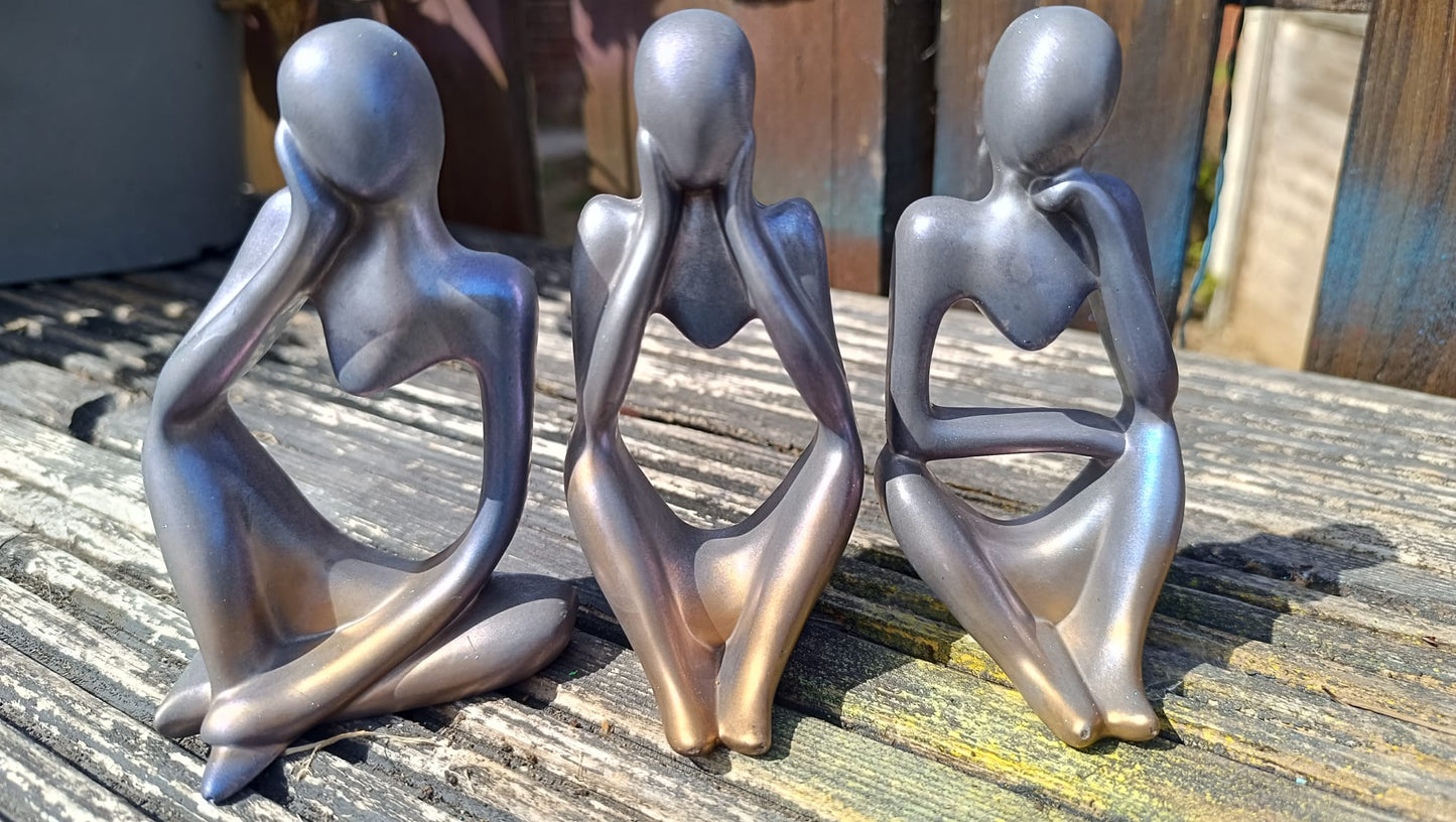Set of 3 Silver Blue Bronze Abstract Jesmonite Figurine Ornaments – Modern Minimalist Design