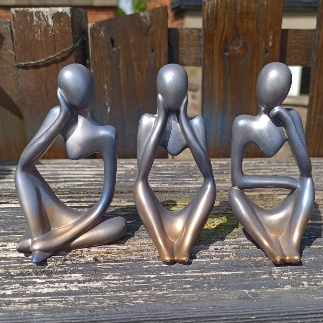Set of 3 Silver Blue Bronze Abstract Jesmonite Figurine Ornaments – Modern Minimalist Design