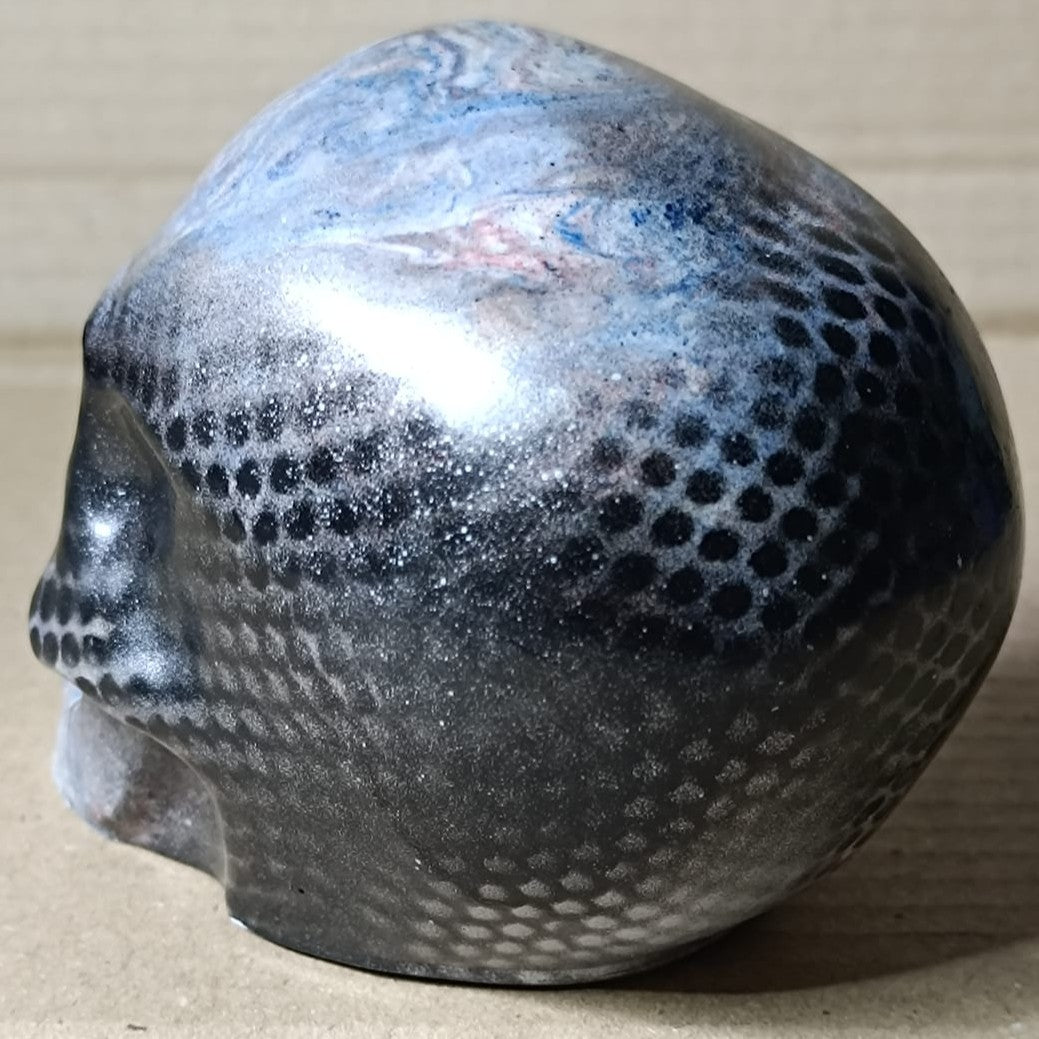 Blue Marble Black Silver Large Handcrafted Jesmonite Skull Paperweight | Decorative & Functional Art