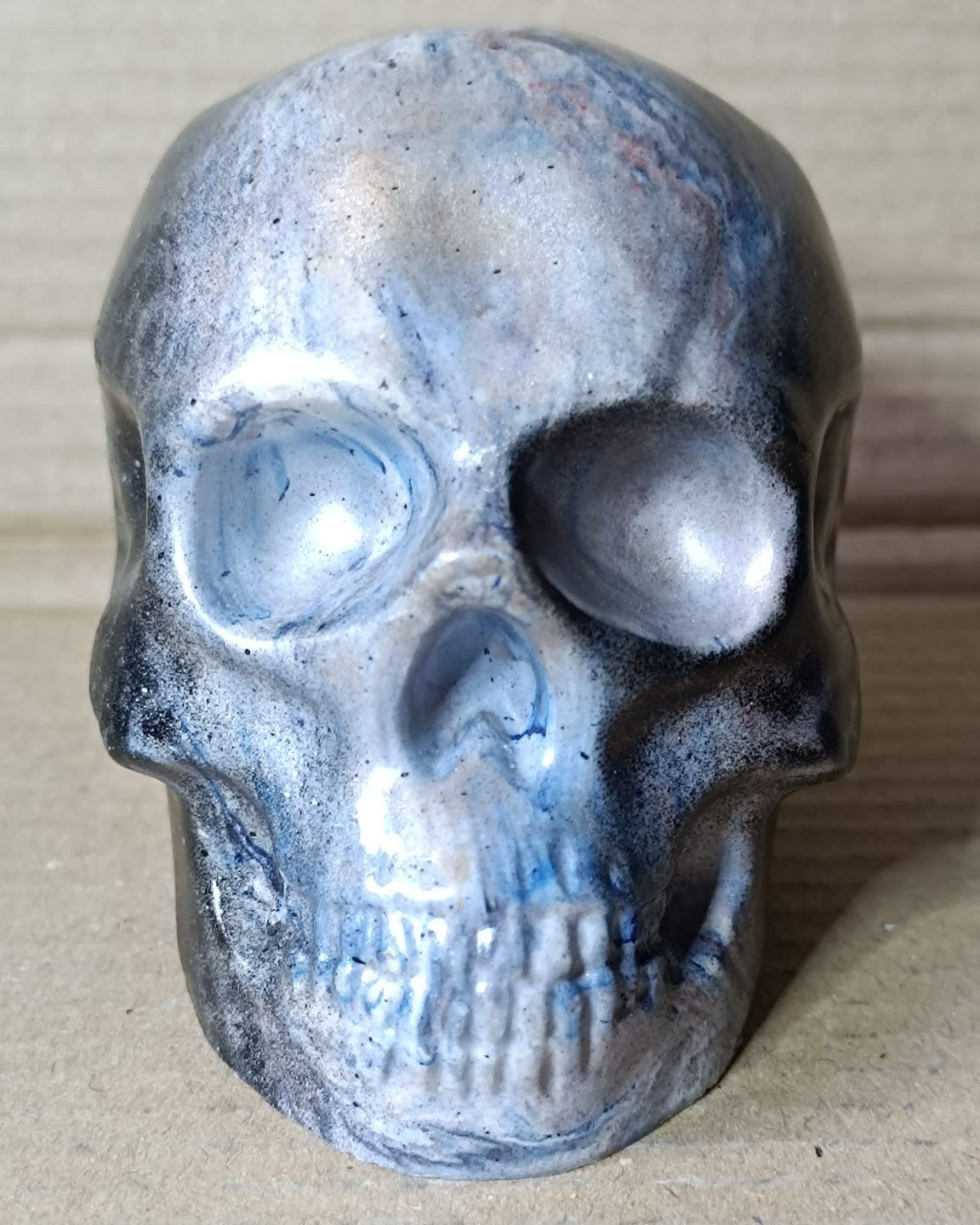 Blue Marble Black Silver Large Handcrafted Jesmonite Skull Paperweight | Decorative & Functional Art