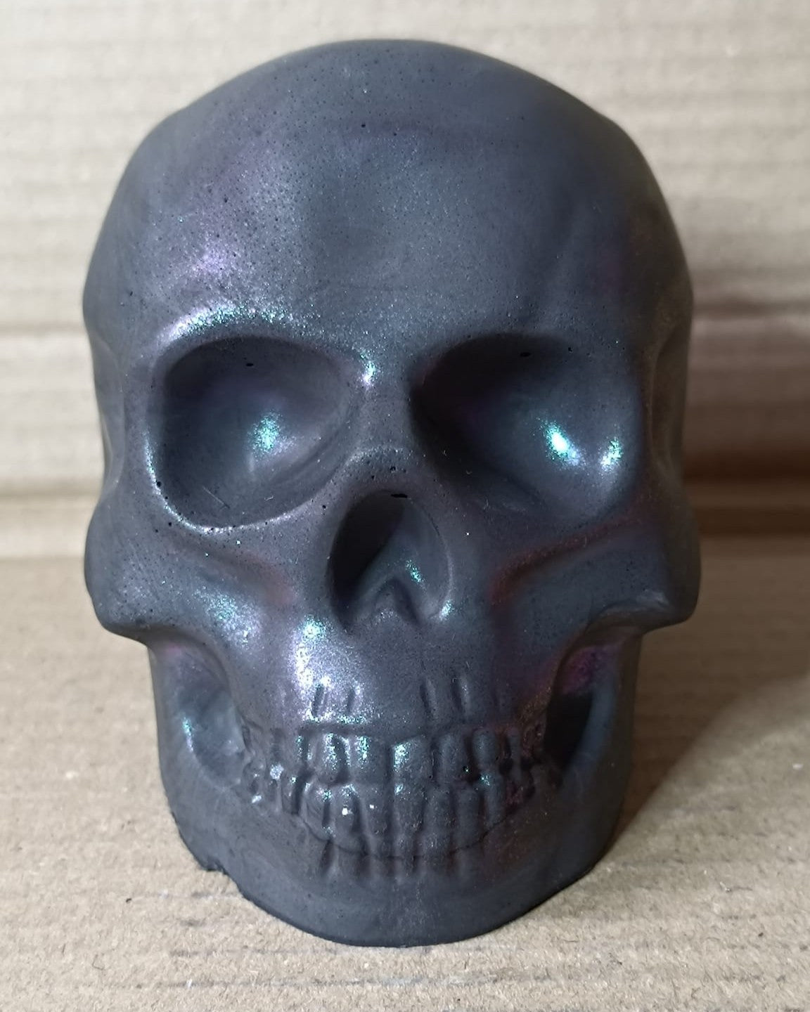 Pearlescent Black Large Handcrafted Jesmonite Skull Paperweight | Decorative & Functional Art