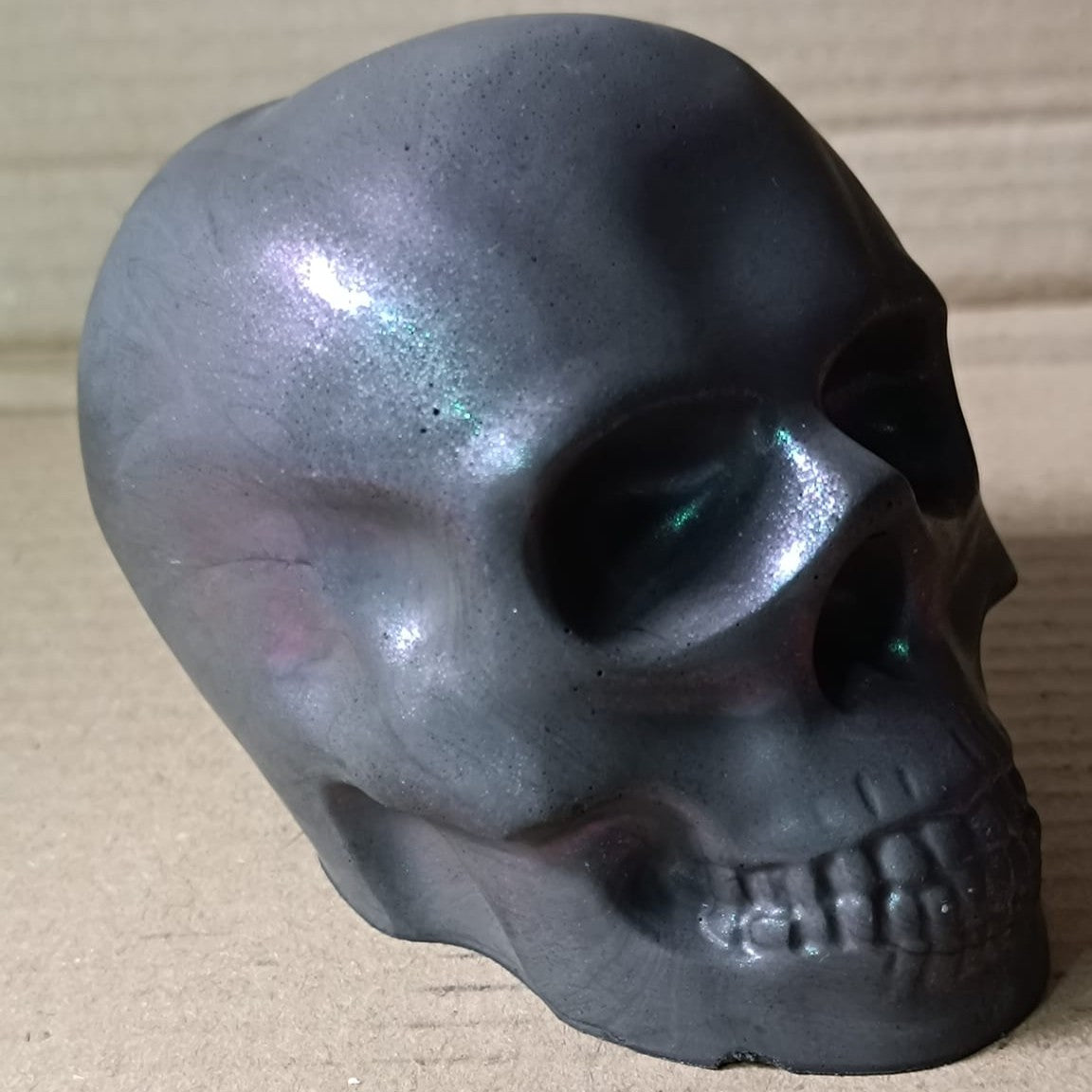 Pearlescent Black Large Handcrafted Jesmonite Skull Paperweight | Decorative & Functional Art