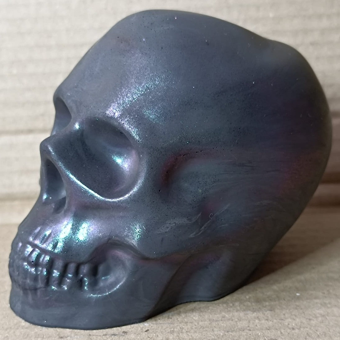 Pearlescent Black Large Handcrafted Jesmonite Skull Paperweight | Decorative & Functional Art