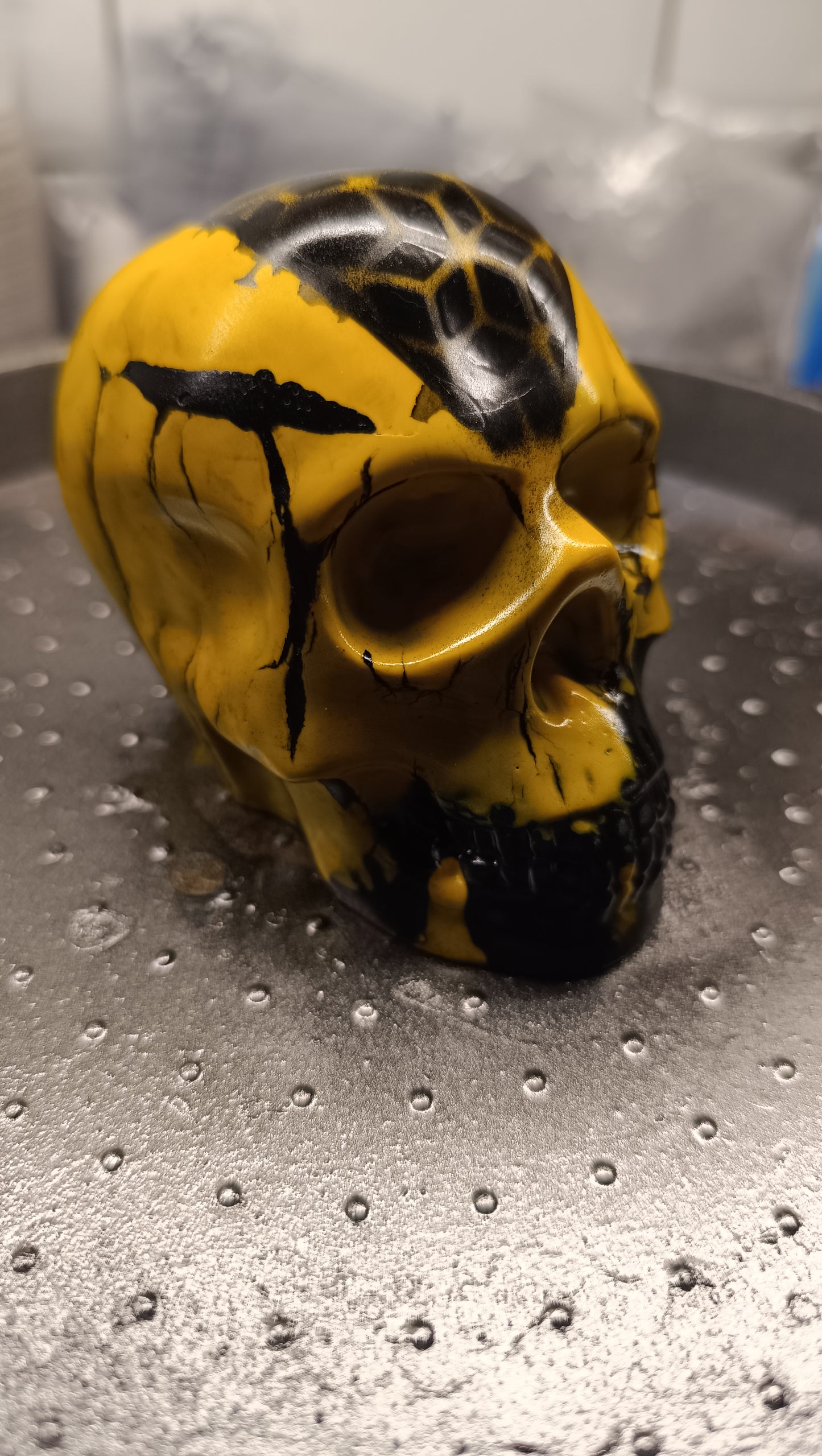 Large Handcrafted Skull Ornament – Jesmonite & Epoxy Resin | Decorative & Functional Art - Black & Yellow