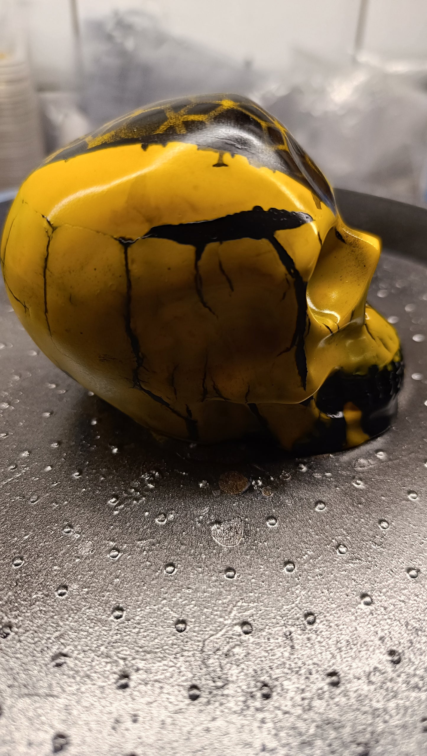 Large Handcrafted Skull Ornament – Jesmonite & Epoxy Resin | Decorative & Functional Art - Black & Yellow