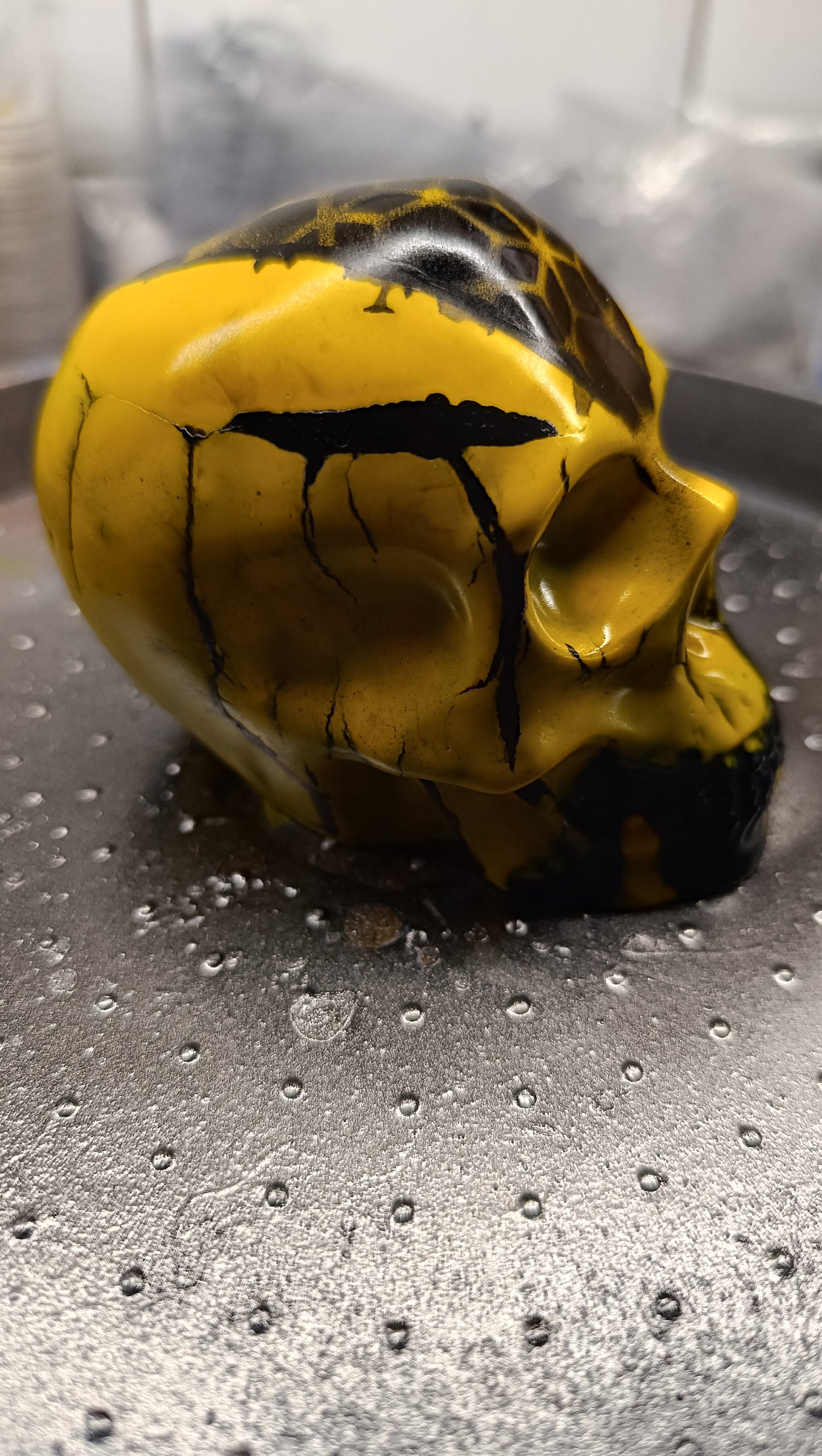 Large Handcrafted Skull Ornament – Jesmonite & Epoxy Resin | Decorative & Functional Art - Black & Yellow
