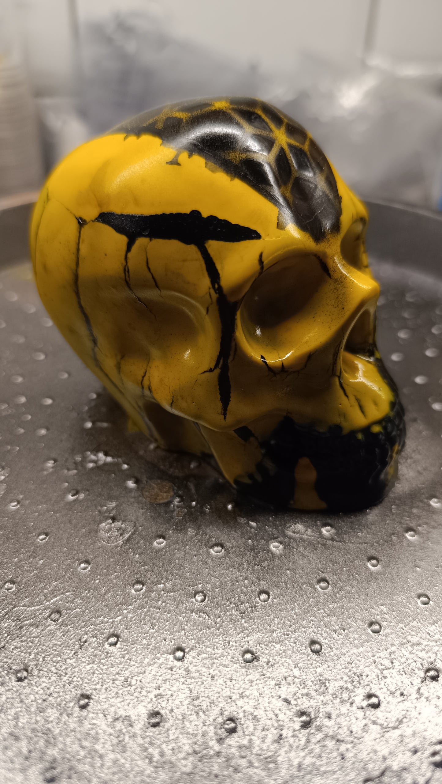 Large Handcrafted Skull Ornament – Jesmonite & Epoxy Resin | Decorative & Functional Art - Black & Yellow