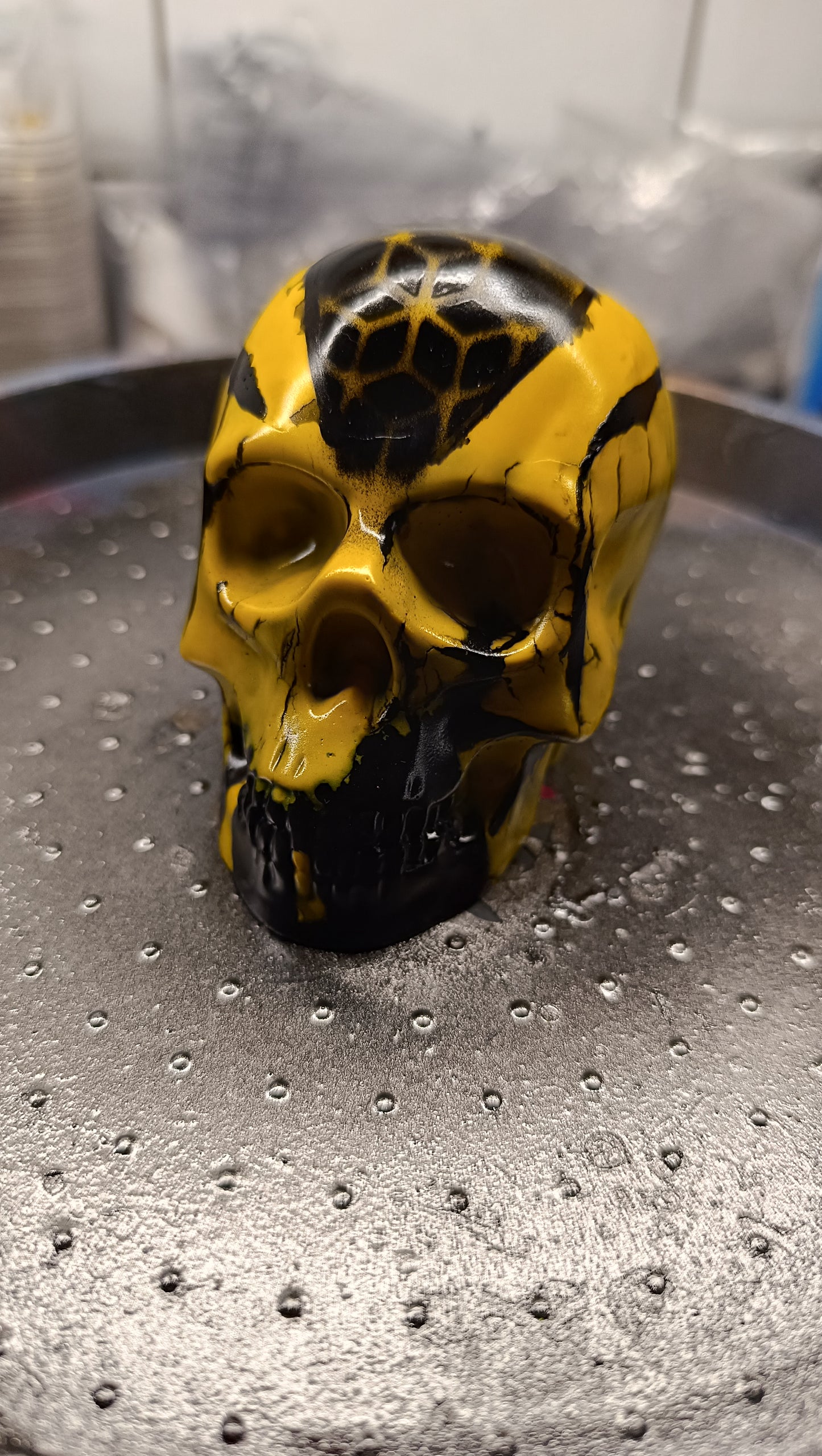 Large Handcrafted Skull Ornament – Jesmonite & Epoxy Resin | Decorative & Functional Art - Black & Yellow