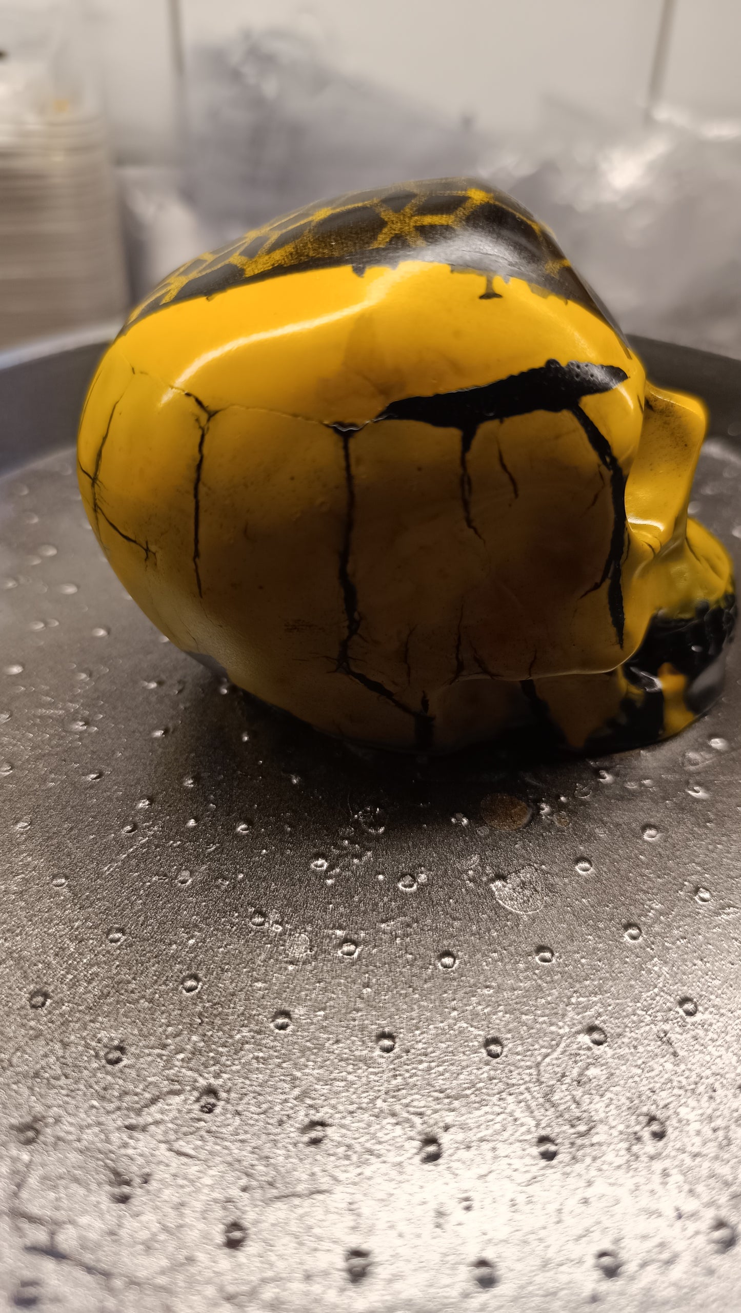 Large Handcrafted Skull Ornament – Jesmonite & Epoxy Resin | Decorative & Functional Art - Black & Yellow