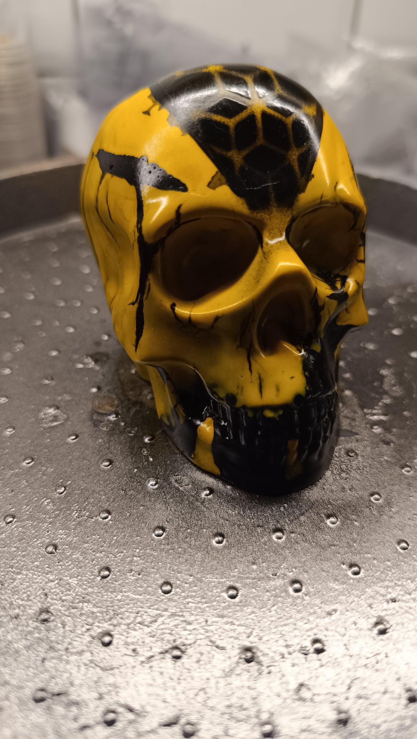 Large Handcrafted Skull Ornament – Jesmonite & Epoxy Resin | Decorative & Functional Art - Black & Yellow