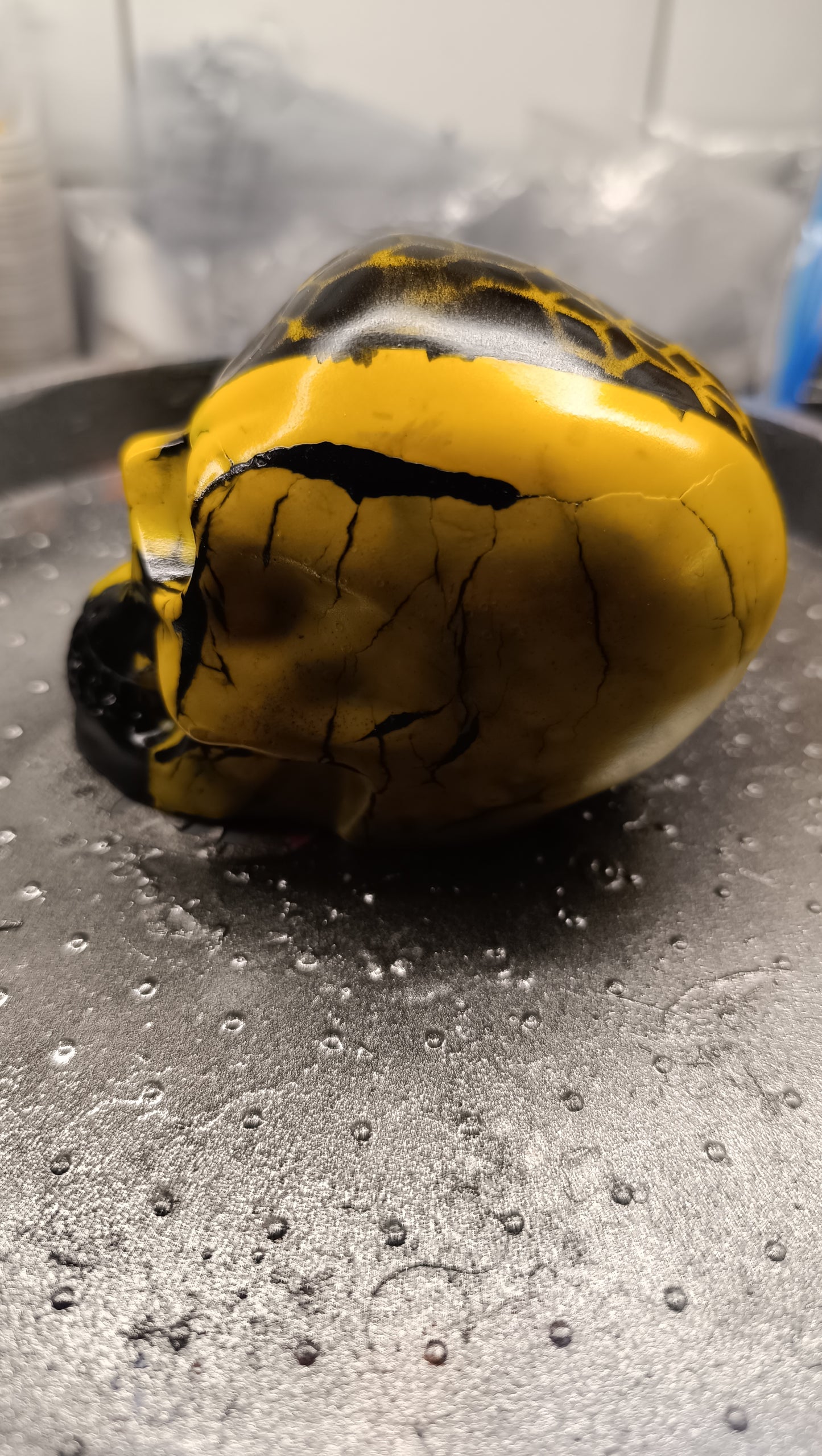 Large Handcrafted Skull Ornament – Jesmonite & Epoxy Resin | Decorative & Functional Art - Black & Yellow