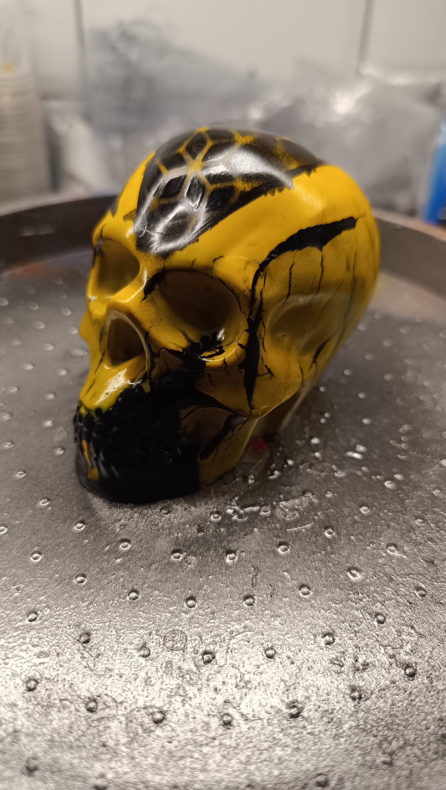 Large Handcrafted Skull Ornament – Jesmonite & Epoxy Resin | Decorative & Functional Art - Black & Yellow