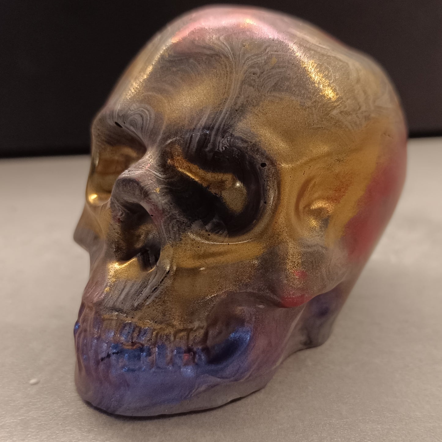 Gold Red Marble Grey Large Handcrafted Jesmonite Skull Paperweight