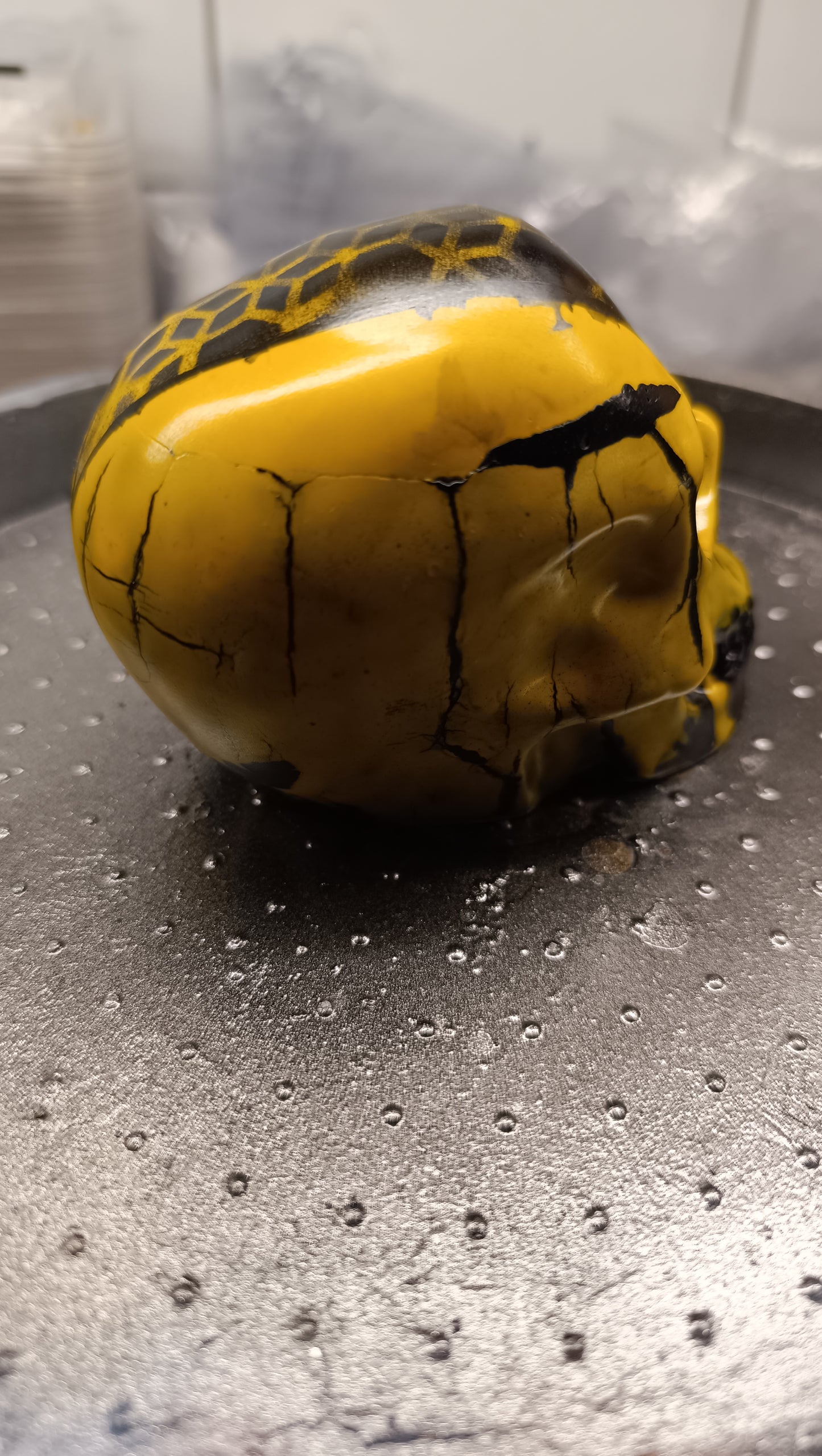 Large Handcrafted Skull Ornament – Jesmonite & Epoxy Resin | Decorative & Functional Art - Black & Yellow