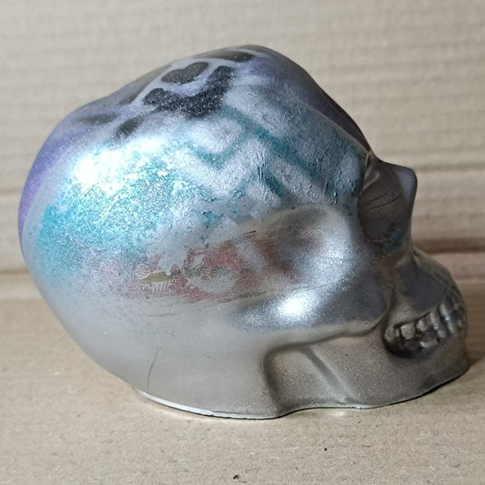 Geometric Green Purple Black Silver Large Handcrafted Jesmonite Skull Paperweight | Decorative & Functional Art
