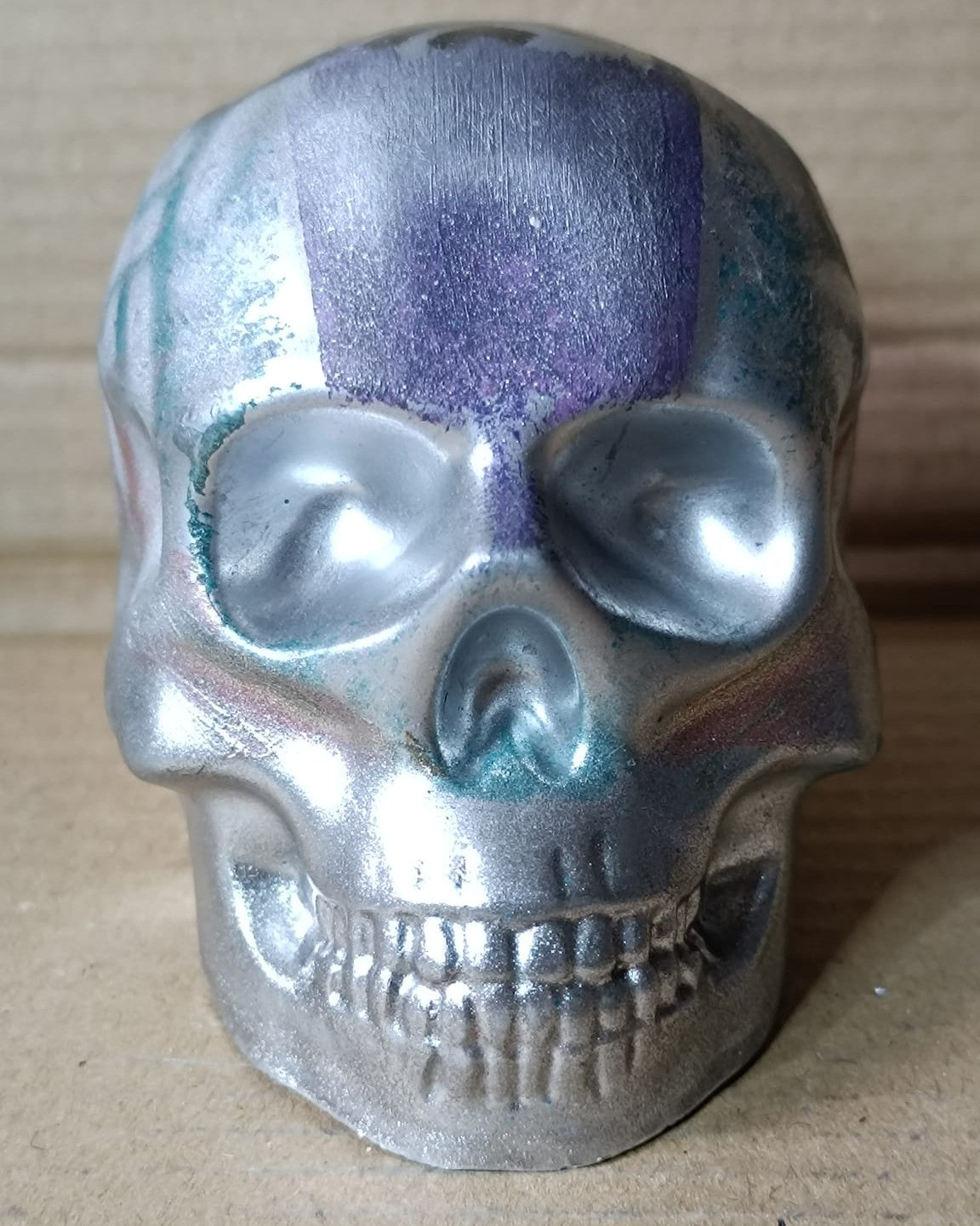 Geometric Green Purple Black Silver Large Handcrafted Jesmonite Skull Paperweight | Decorative & Functional Art