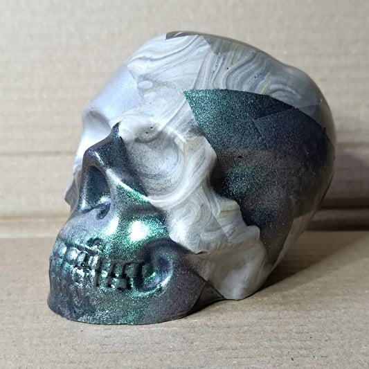 Grey/Green/Purple Large Handcrafted Jesmonite Skull Paperweight | Decorative & Functional Art