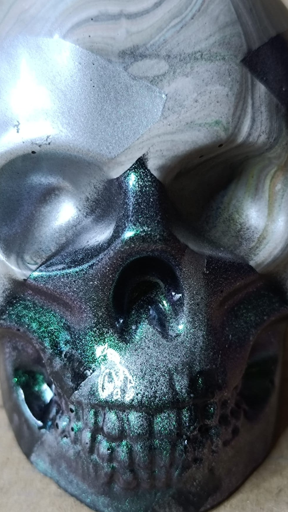 Grey/Green/Purple Large Handcrafted Jesmonite Skull Paperweight | Decorative & Functional Art