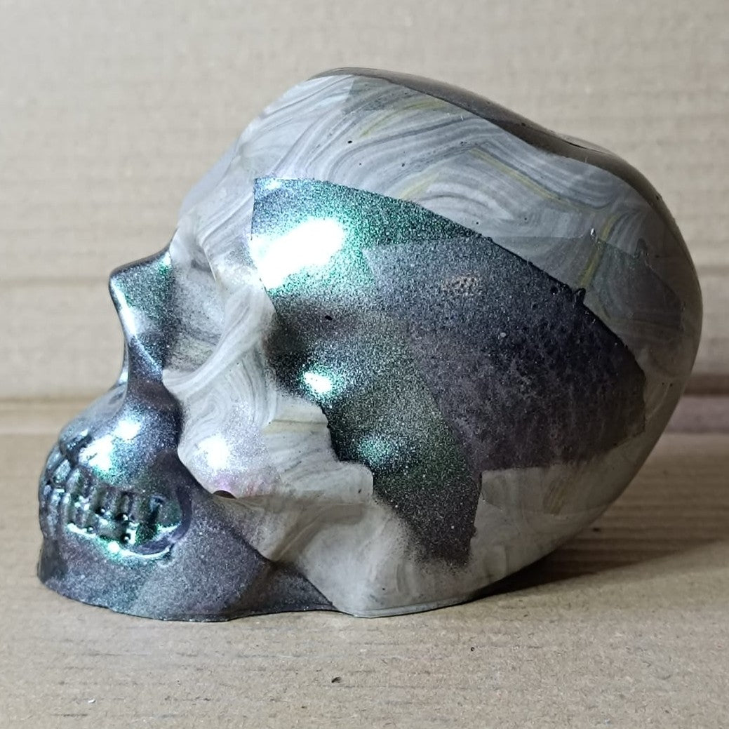 Grey/Green/Purple Large Handcrafted Jesmonite Skull Paperweight | Decorative & Functional Art