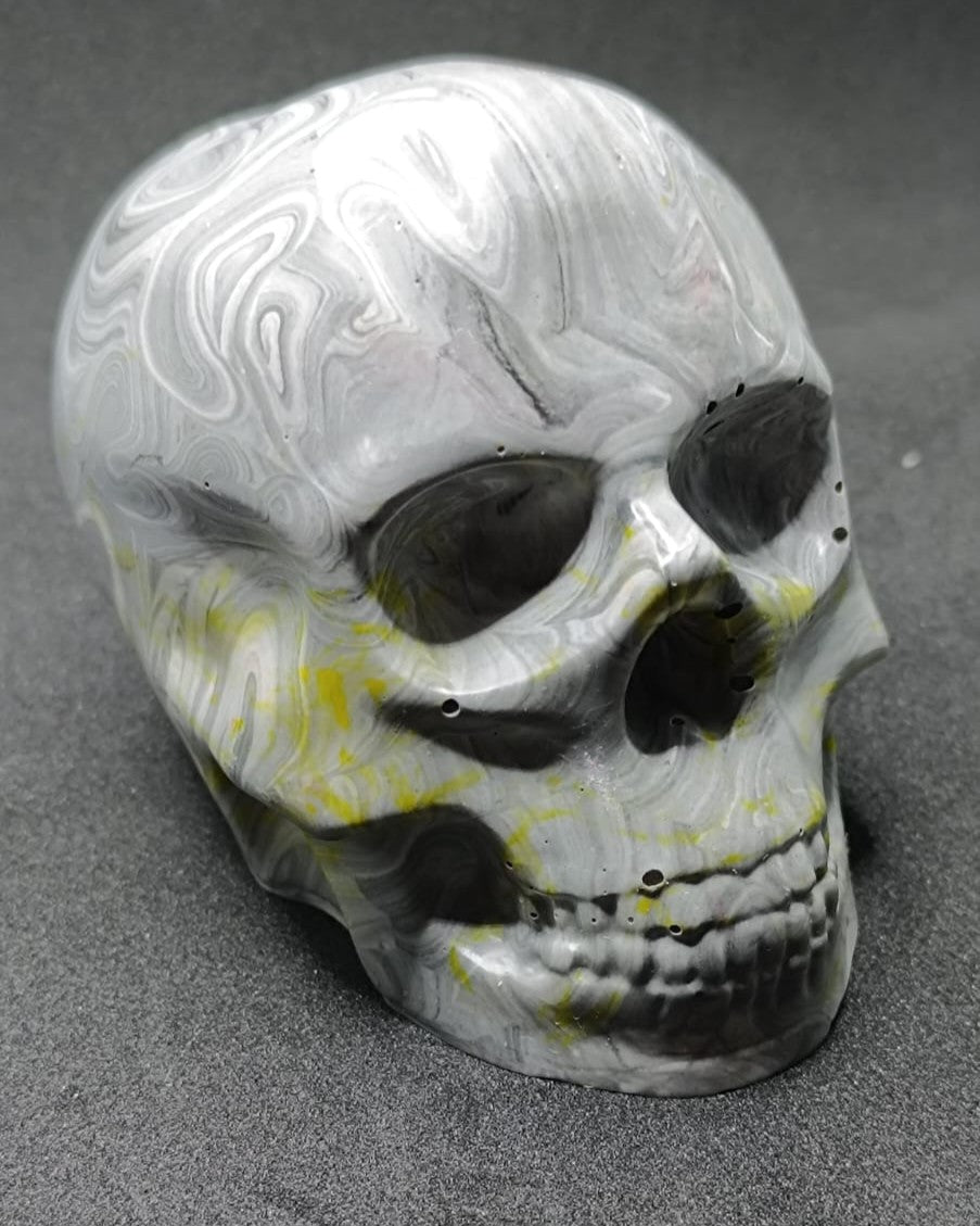 Large Handcrafted Skull Ornament – Marbled Grey with Subtle Yellow Accents