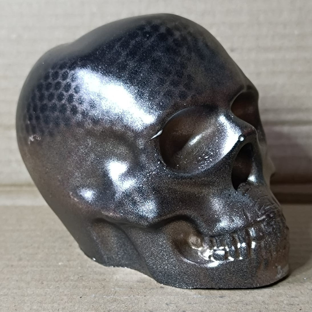 Gun Metal Black Silver Large Handcrafted Jesmonite Skull Paperweight | Decorative & Functional Art