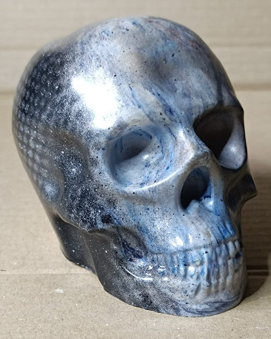 Blue Marble Black Silver Large Handcrafted Jesmonite Skull Paperweight | Decorative & Functional Art